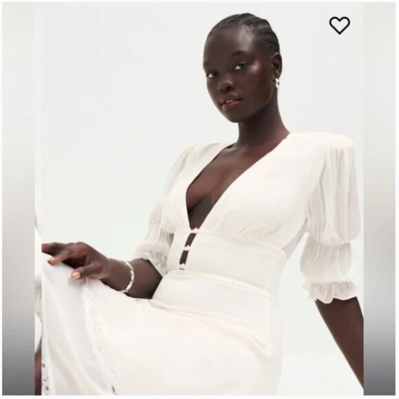 Reformation Ginny Lace-Trimmed Pintucked Georgette Midi Dress Size 6 Ivory White - Picture 8 of 15